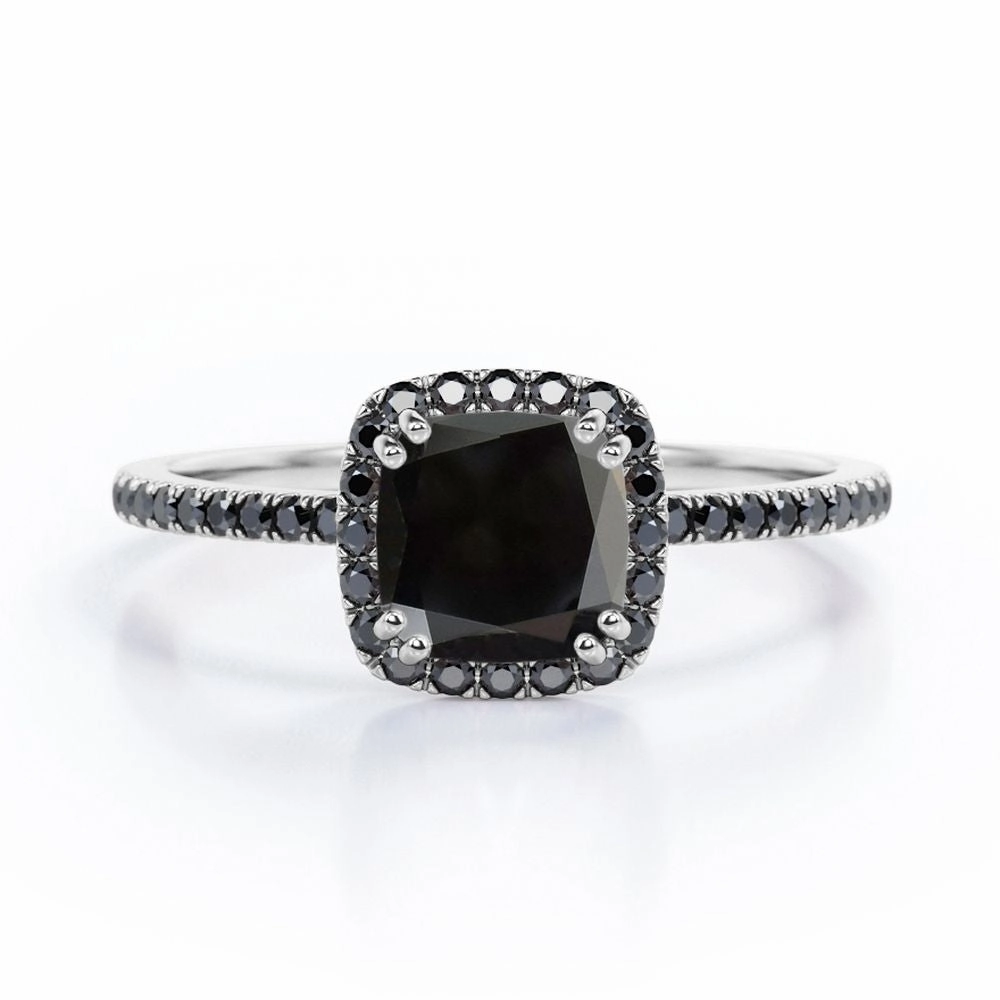Chic Favorite 1.5 ct Cushion Lab Black Diamond Halo Engagement Ring