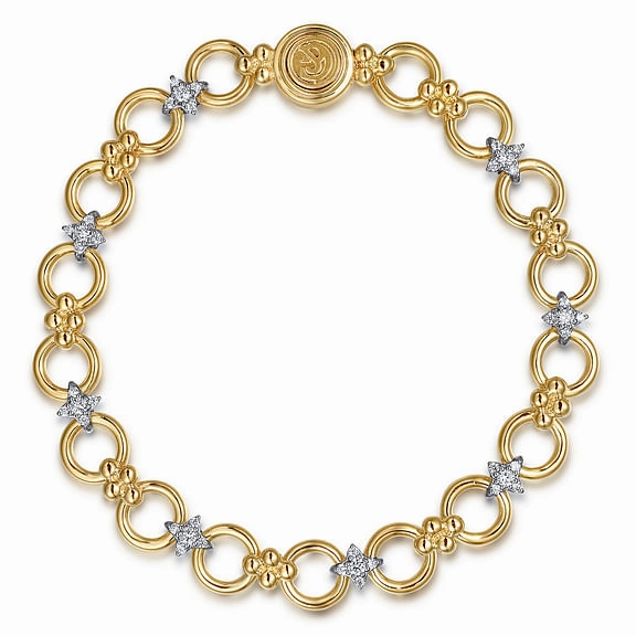 Brilliant Accent Lively Spark 14K White Yellow Gold Bujukan Diamond and Hollow Link Chain Bracelet - 0.51 Carats