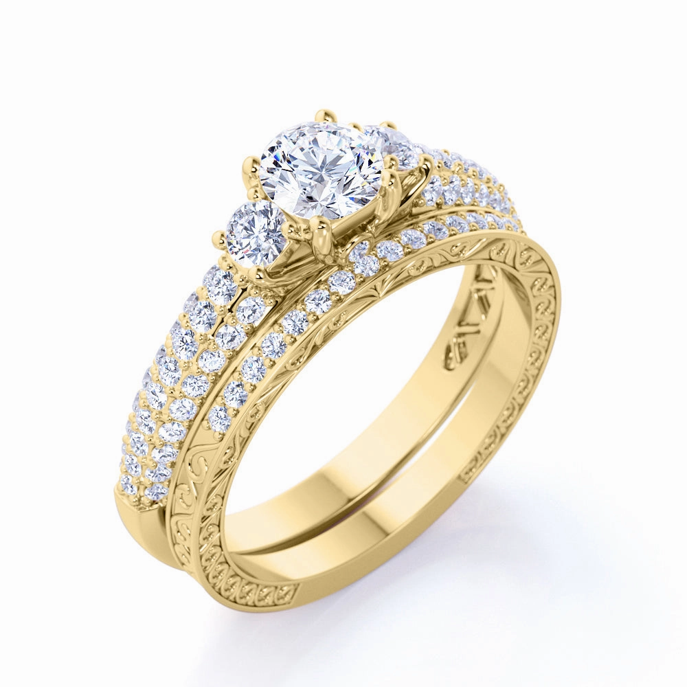 Refined Appearance 1.25 ct - Round Real 3 Stone Diamond - Past Present Future Ring - Victorian - Vintage Wedding Ring Set - 10K Rose Gold