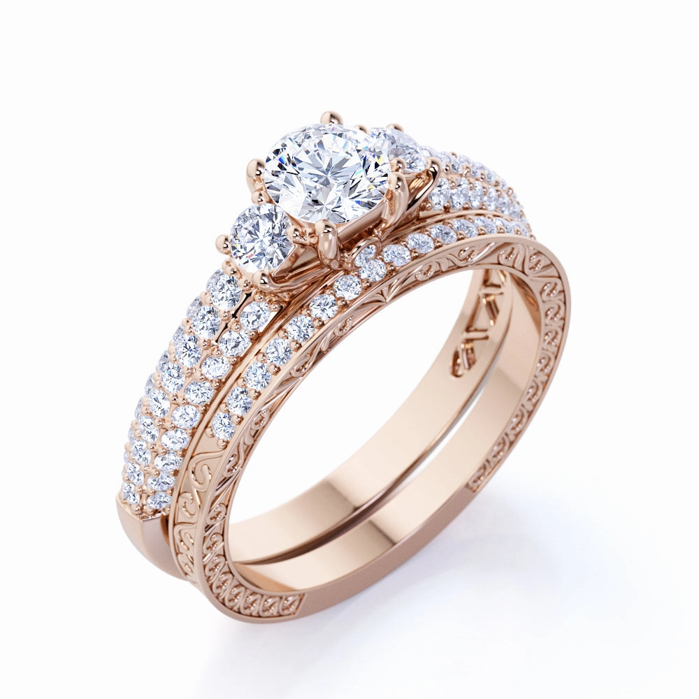 1.25 ct - Round Real 3 Stone Diamond - Past Present Future Ring - Victorian - Vintage Wedding Ring Set - 10K Rose Gold Classic Statement Luxury Sign