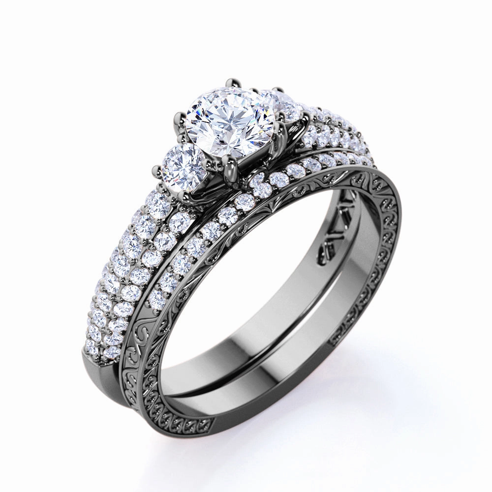 Artisan Object 1.25 ct - Round Real 3 Stone Diamond - Past Present Future Ring - Victorian - Vintage Wedding Ring Set - 10K Rose Gold