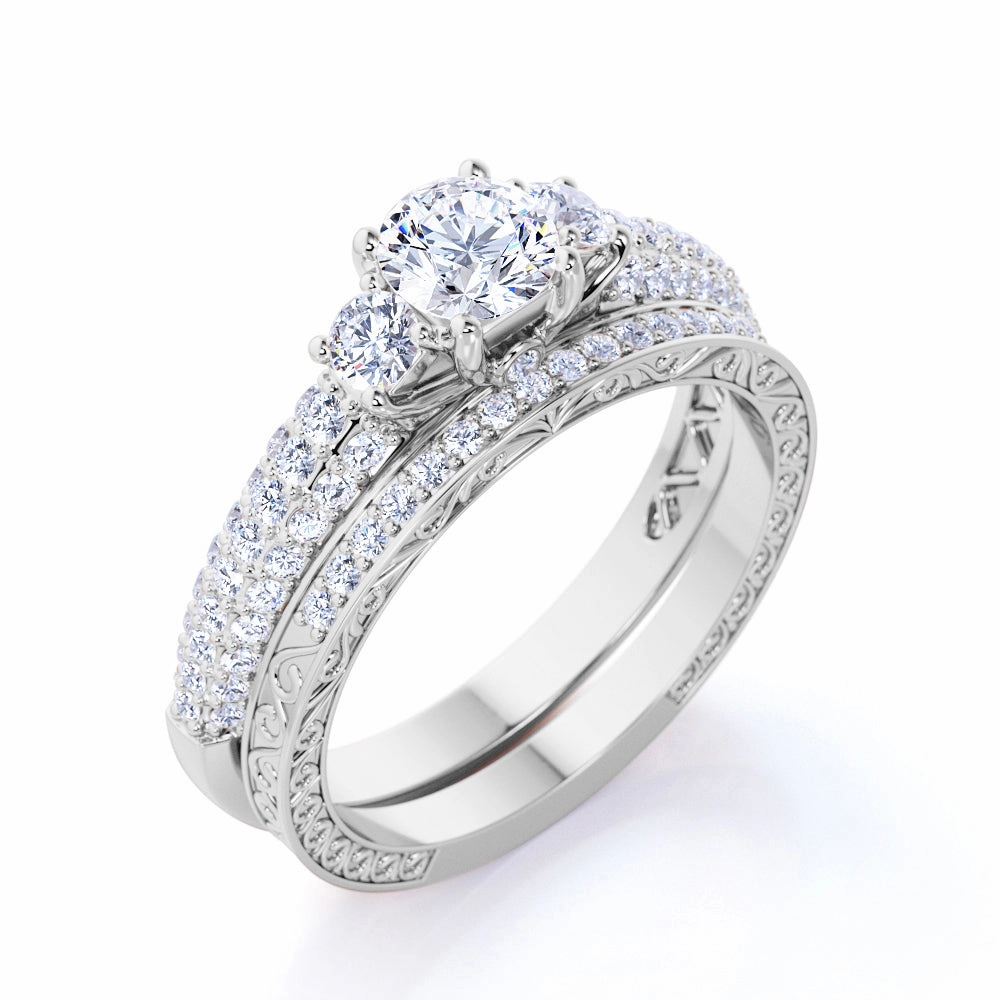 Scratch Proof Sentimental Decoration 1.25 ct - Round Real 3 Stone Diamond - Past Present Future Ring - Victorian - Vintage Wedding Ring Set - 10K Rose Gold