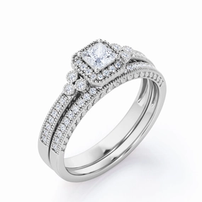 Milgrain Leaf Filigree 0.6 TCW Princess Cut Diamond 7-Stone Halo Cluster Bridal Ring Set in White Gold Lustrous Finish
