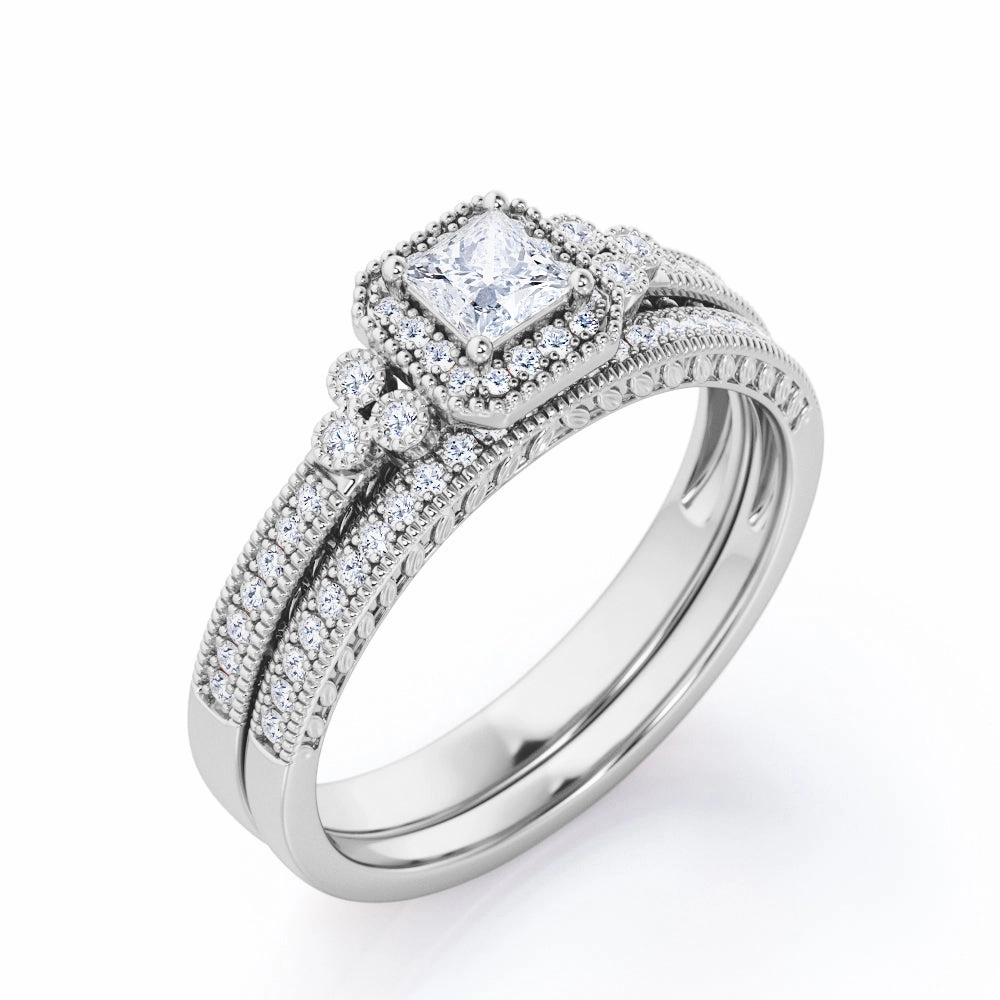 Milgrain Leaf Filigree 0.6 TCW Princess Cut Diamond 7-Stone Halo Cluster Bridal Ring Set in White Gold Lustrous Finish