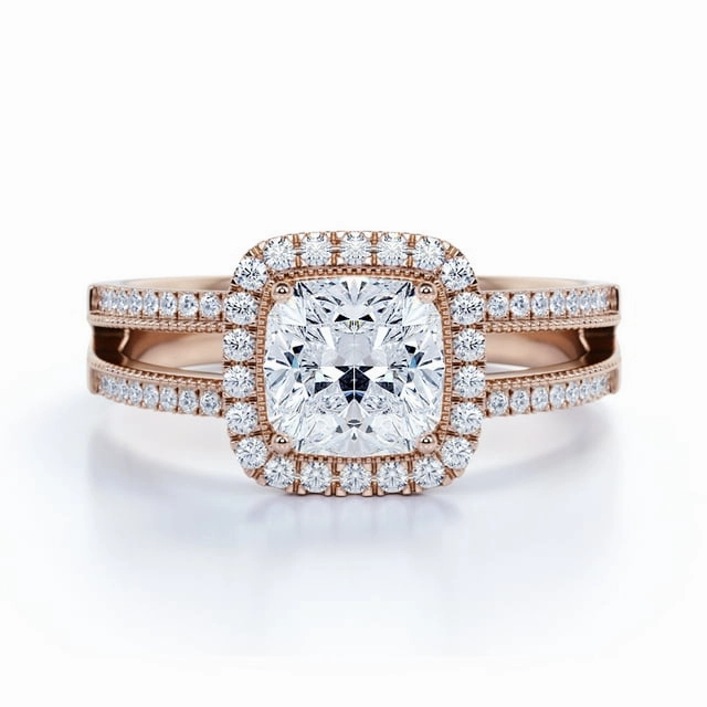Custom Adornment Romantic Adornment Cushion Cut Real Diamond - Vintage Style - Engagement Ring - Split Shank - Halo Ring - 10K Rose Gold