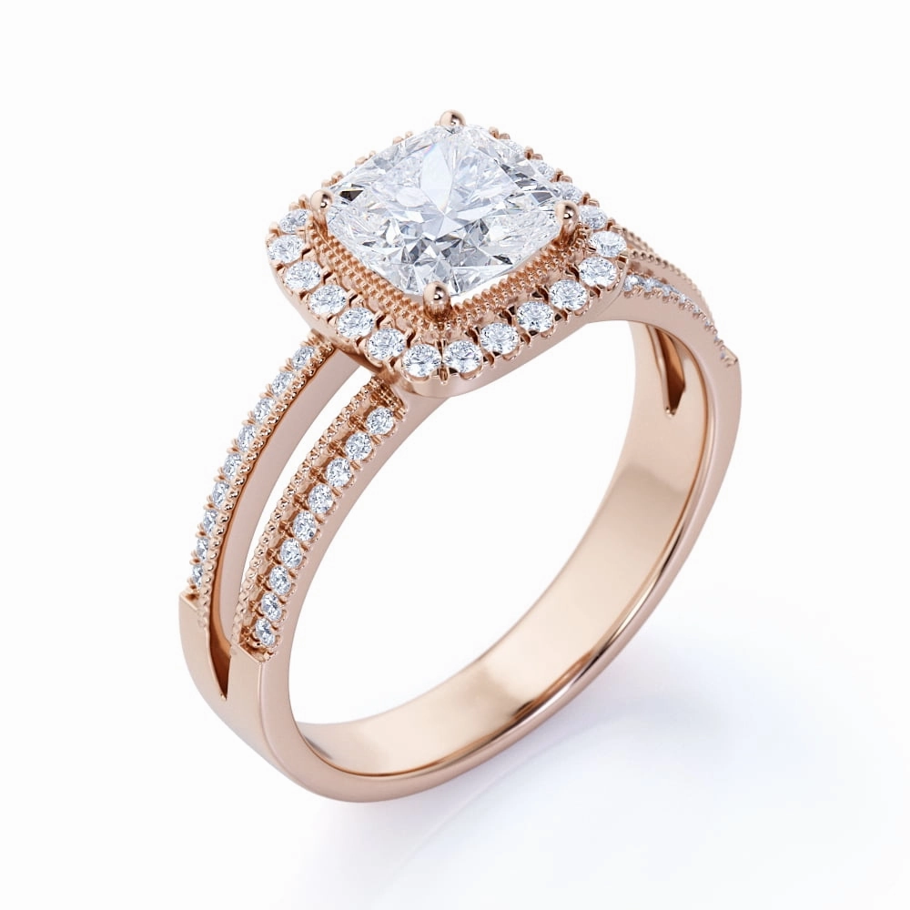 Bridal Set Cushion Cut Real Diamond - Vintage Style - Engagement Ring - Split Shank - Halo Ring - 10K Rose Gold