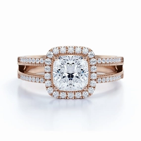 Custom Adornment Romantic Adornment Cushion Cut Real Diamond - Vintage Style - Engagement Ring - Split Shank - Halo Ring - 10K Rose Gold