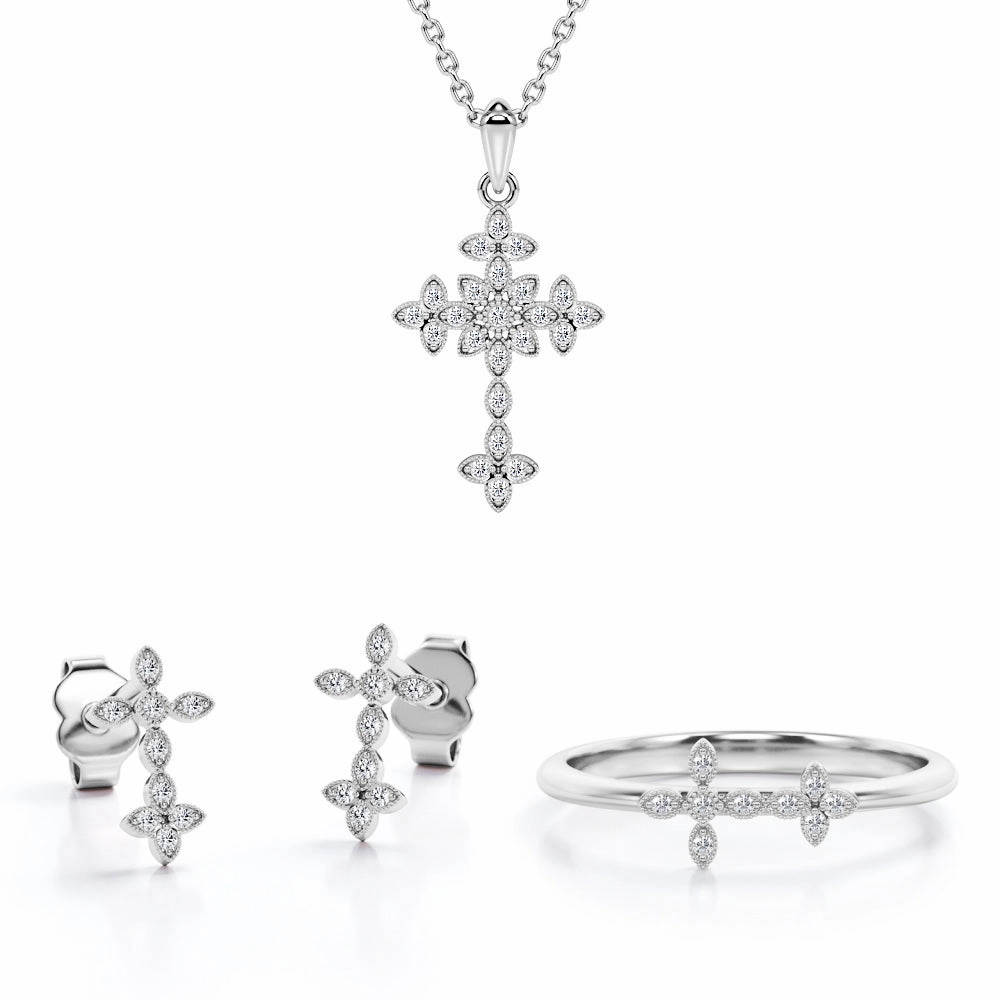 Signature Style Milgrain Jewelry Set 0.2 TCW Diamond with Crucifix Pendant, Earrings & Ring