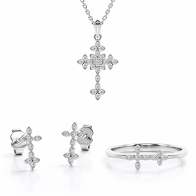 Milgrain Jewelry Set 0.2 TCW Diamond with Crucifix Pendant, Earrings & Ring Universal Appeal