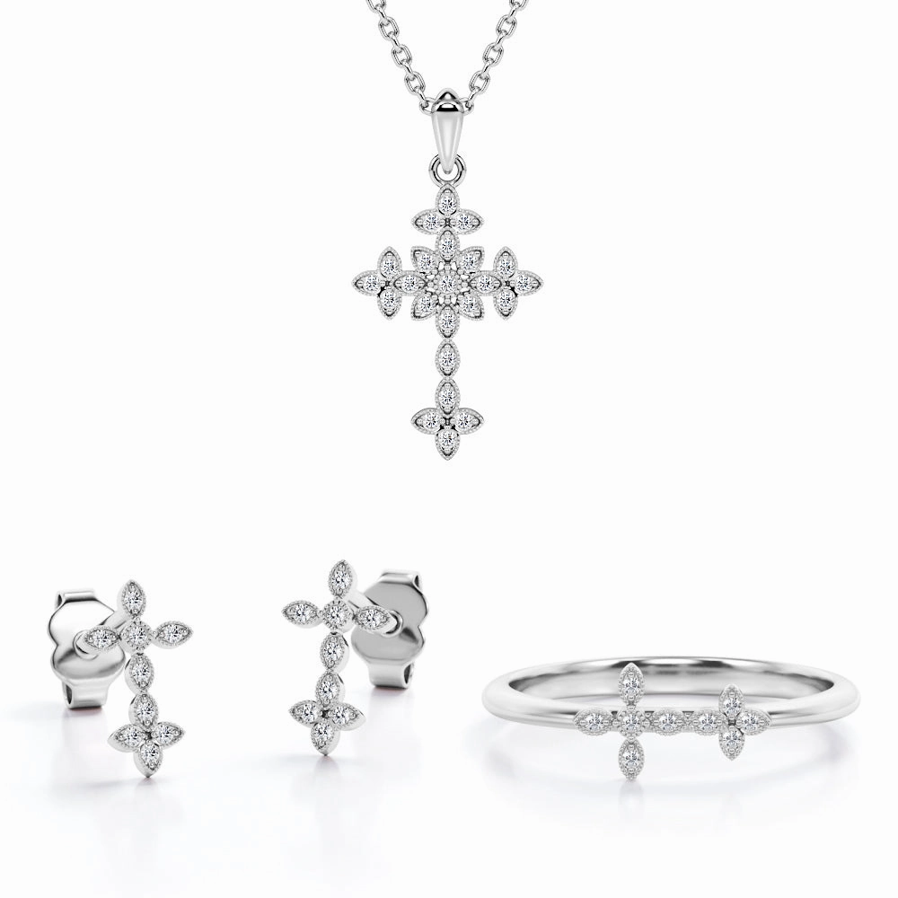 Everyday Present Exquisite Product Milgrain Jewelry Set 0.2 TCW Diamond with Crucifix Pendant, Earrings & Ring