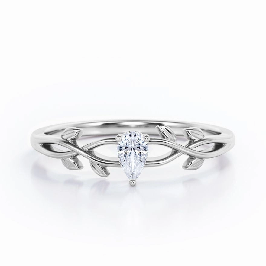 Carbon Neutral Traditional Insignia Botanical Design - 0.25 TCW Teardrop Diamond - Solitaire Engagement Ring in White Gold