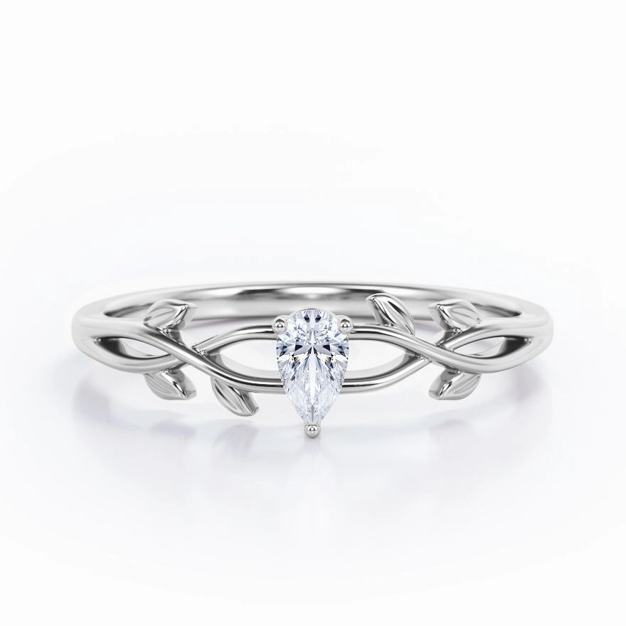 Botanical Design - 0.25 TCW Teardrop Diamond - Solitaire Engagement Ring in White Gold Style Boost Timeless Form