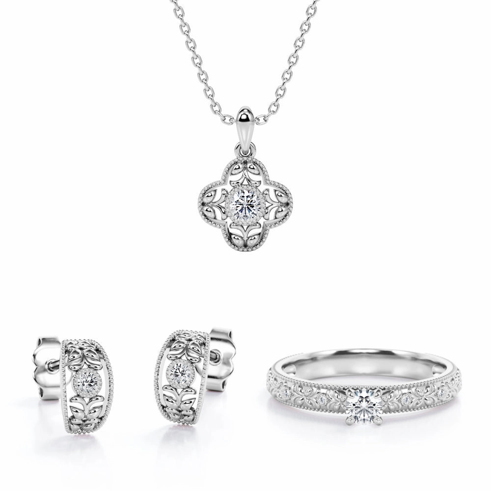 Artistic Adornment Opalescent Glow Botanical Milgrain Filigree Jewelry Set 0.4 TCW Diamond with Pendant, Earrings & Ring