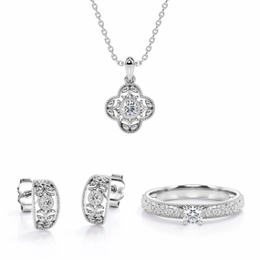 Botanical Milgrain Filigree Jewelry Set 0.4 TCW Diamond with Pendant, Earrings & Ring Fine Article
