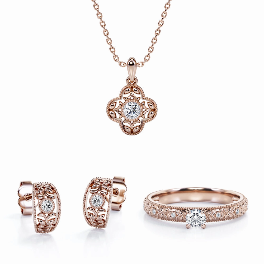 Botanical Milgrain Filigree Jewelry Set 0.4 TCW Diamond with Pendant, Earrings & Ring Chemical free Elegant Detail