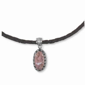 Braided Black Leather Necklace with Pink Rhodochrosite Pendant Decorated Accessory Bohemian style