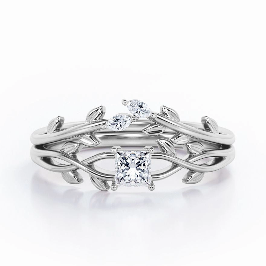 Occasion Wear Simple Token Nature-Inspired 0.35 TCW Princess Cut Diamond Branch Leaves Bridal Ring Set in White Gold