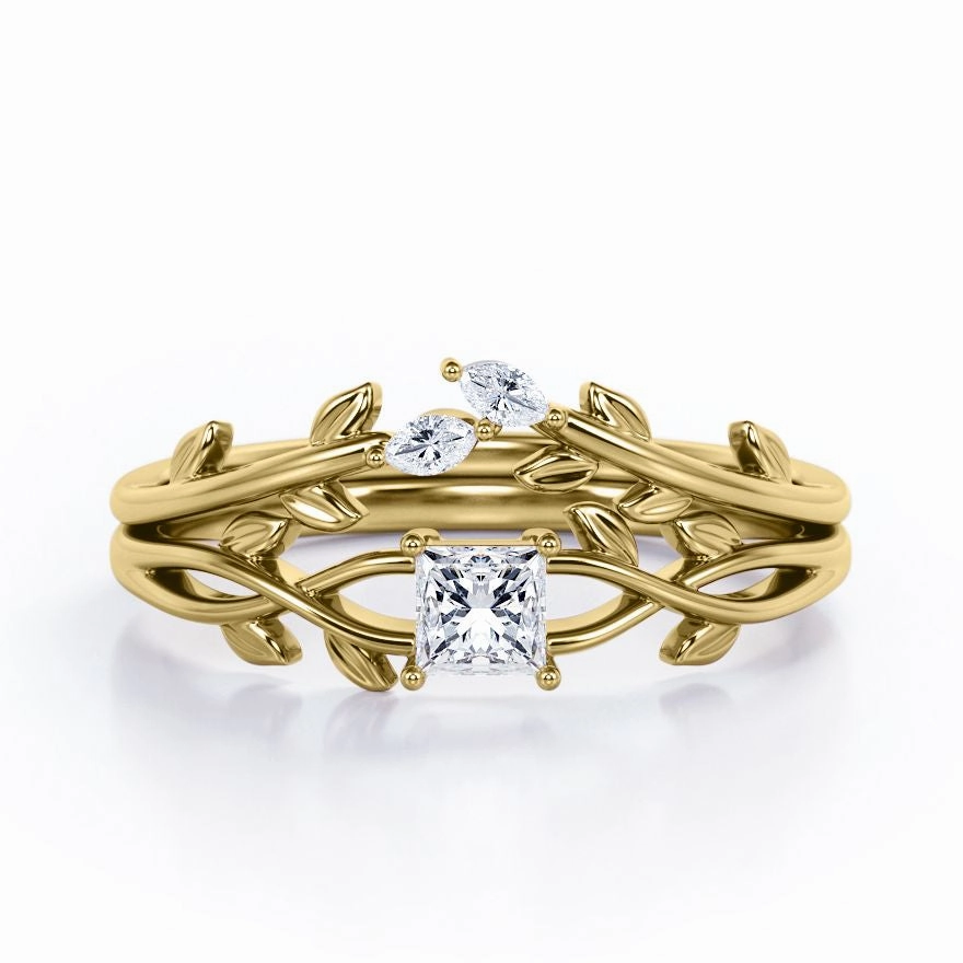 Nature-Inspired 0.35 TCW Princess Cut Diamond Branch Leaves Bridal Ring Set in White Gold Stylish Design Sentimental Gift