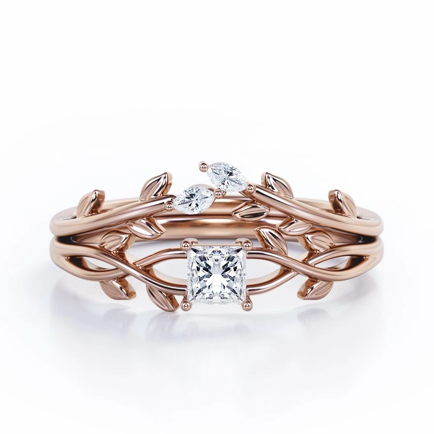 Nature-Inspired 0.35 TCW Princess Cut Diamond Branch Leaves Bridal Ring Set in White Gold Everyday Design