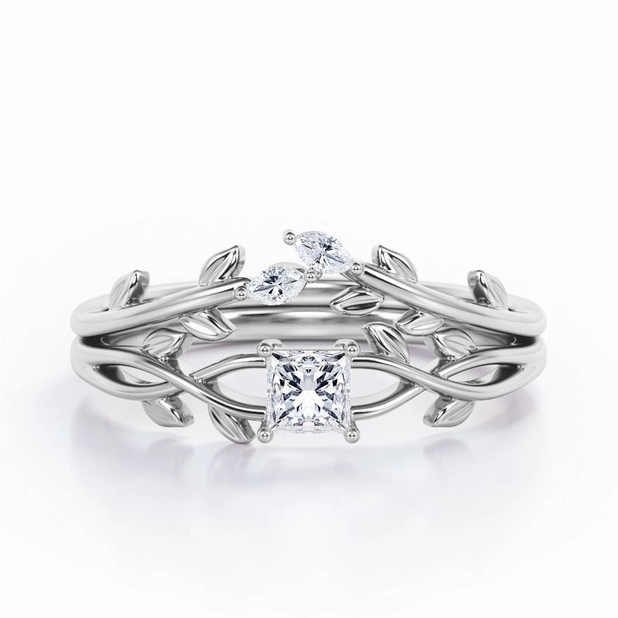 Casual Outfit Nature-Inspired 0.35 TCW Princess Cut Diamond Branch Leaves Bridal Ring Set in White Gold