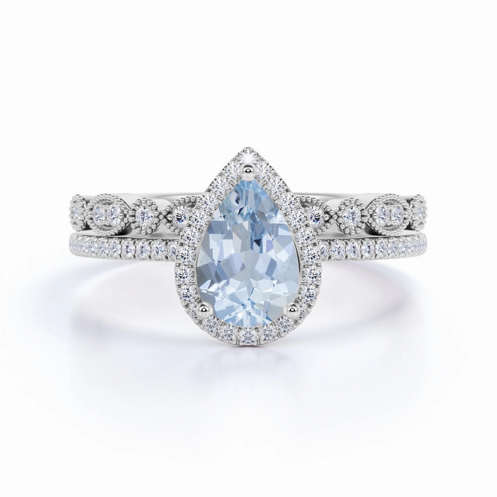 Halo 1.75 ct Pear Aquamarine Art Deco Wedding Ring Set Luxury Embellishment Quiet Style