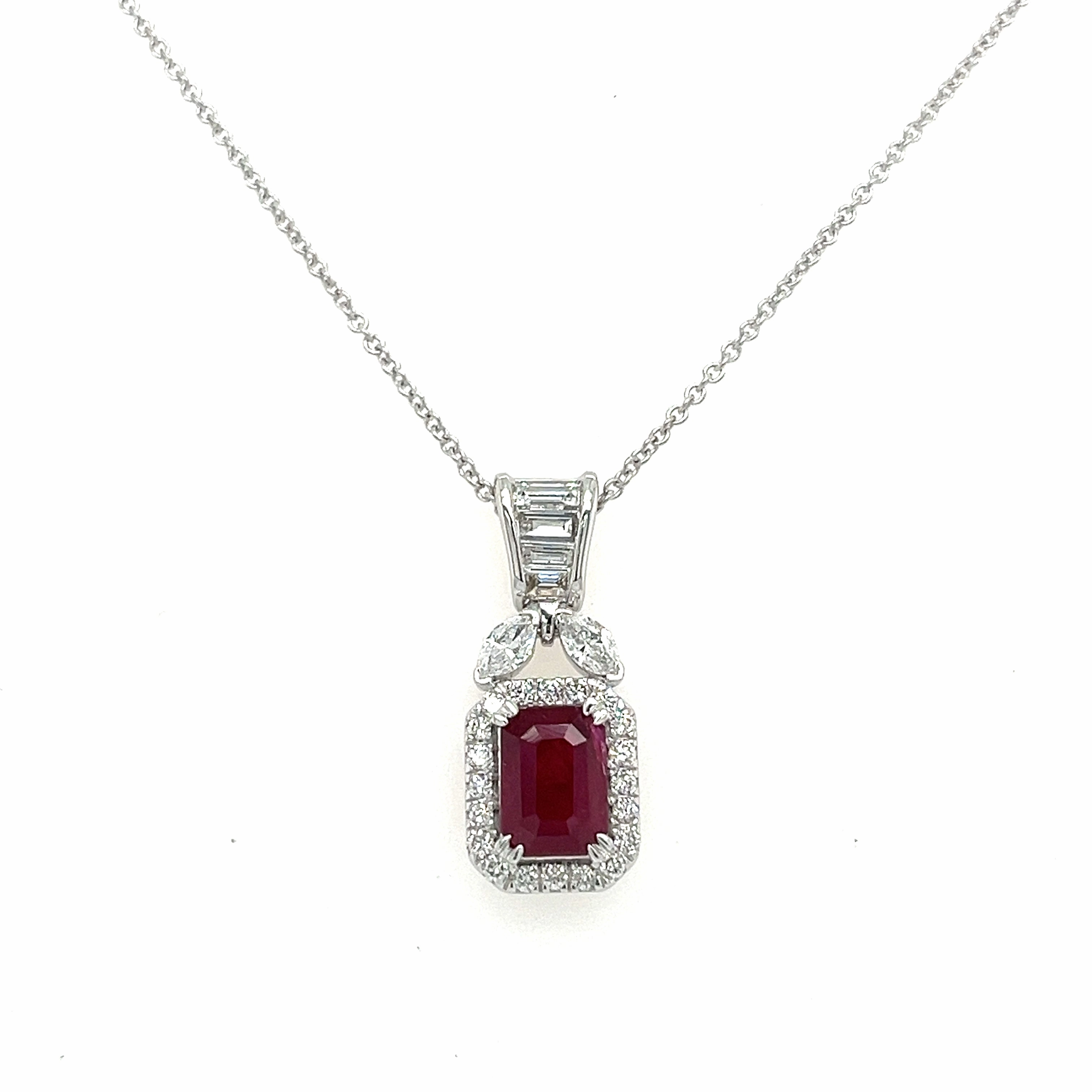 Chic Evening Gentle Shine Bremer Jewelry 14K White Gold Emerald Shape Ruby and Diamonds Drop Necklace (1.50ctw)