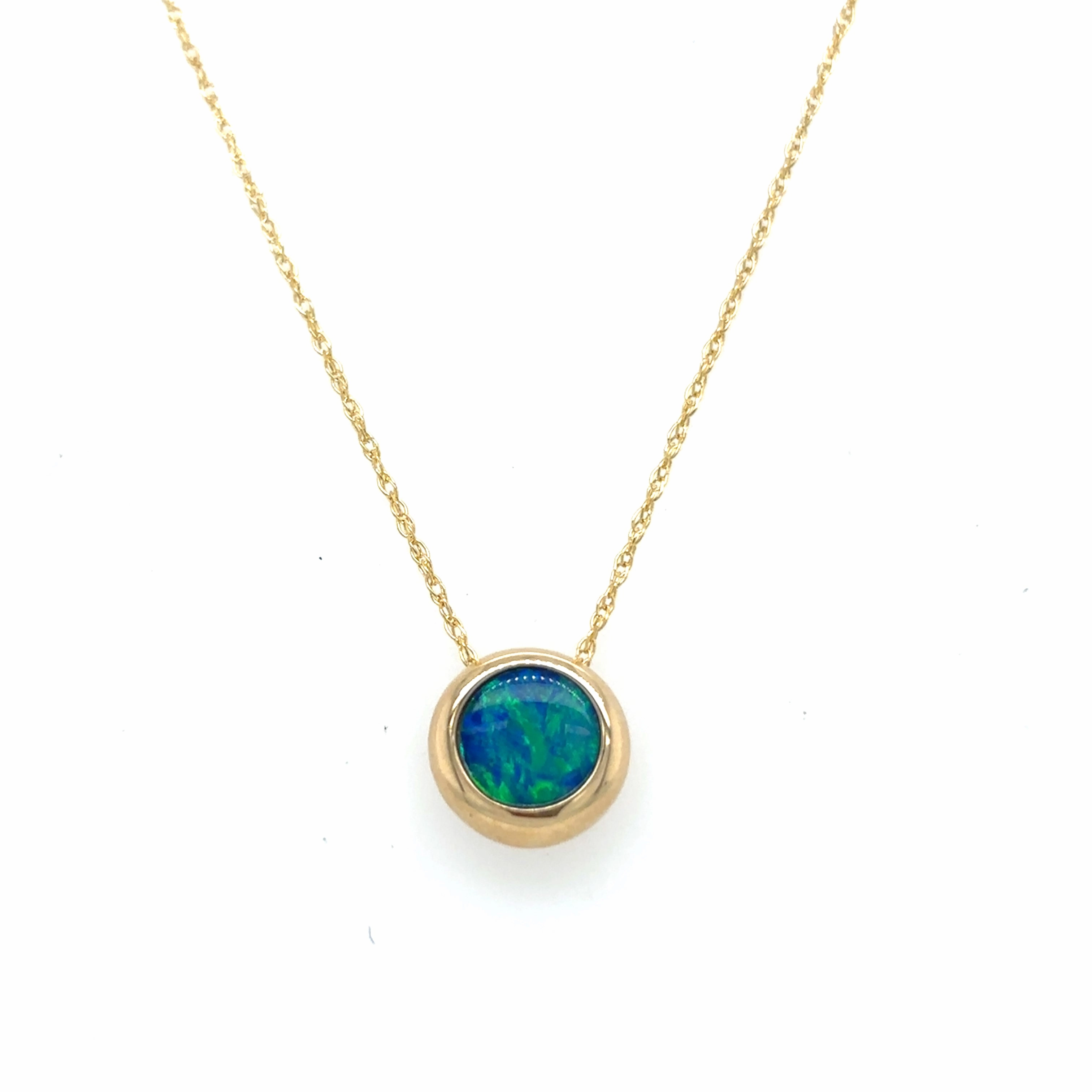 Bremer Jewelry 14K Yellow Gold Round Shape Australian Opal Doublet Bezel Necklace (.64ctw) Unique Element Formal Design