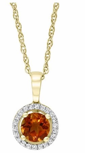 Shiny Creations Contemporary Design Bremer Jewelry 14K Yellow Gold Round Shape Citrine and Diamonds Solitaire Pendant with a 14K Yellow Gold Cable Link Necklace (0.66ctw)