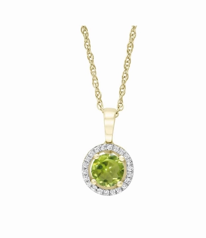 Street Style Vacation Mood Bremer Jewelry 14K Yellow Gold Round Shape Peridot and Diamonds Halo Pendant with a 14K Yellow Gold Cable Link Necklace (0.57ctw)