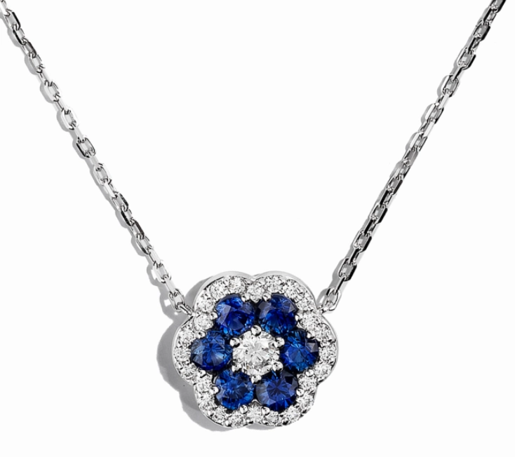 Bremer Jewelry 18K White Gold Sapphires and Diamond Cluster Necklace (1.93ctw) Crystal Clear Simple Detail