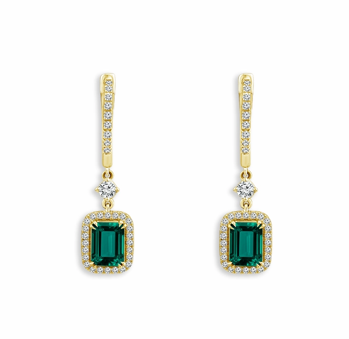 Classic Form Bremer Jewelry Emerald Shape Emeralds and Diamond Dangle Earrings in 14K Yellow Gold (2.50ctw)