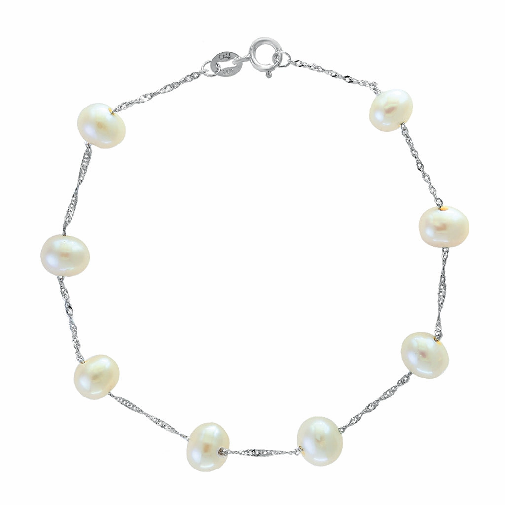 Bremer Jewelry Freshwater Cultured Station Pearl Bracelet in 14K White Gold Bold Layer Shimmer Detail