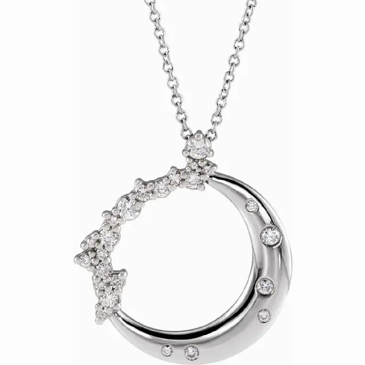 Bremer Jewelry My Brightest Star 14K White Gold 1/4ctw Crescent Moon and Stars Diamond Pendant with a 14K White Gold Cable Link Necklace (0.25ctw) Fashion Forward