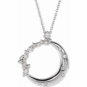 Bremer Jewelry My Brightest Star 14K White Gold 1/4ctw Crescent Moon and Stars Diamond Pendant with a 14K White Gold Cable Link Necklace (0.25ctw) Delicate Flash Sparkling Jewelry Design