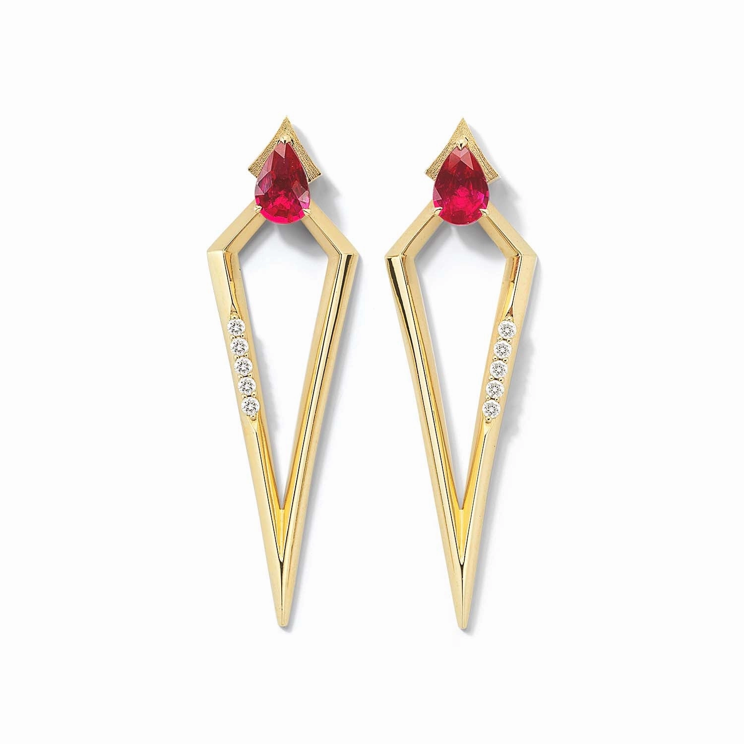 summer look Custom Craft Bremer Jewelry Pear Shaped Rubies and Diamonds Drop Earrings in 18K Yellow Gold (1.06ctw)