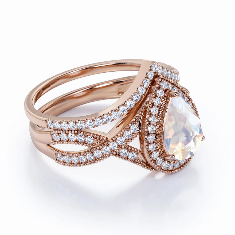 1.5 ct Pear Rainbow Moonstone Infinity Wedding Set Hard Surface