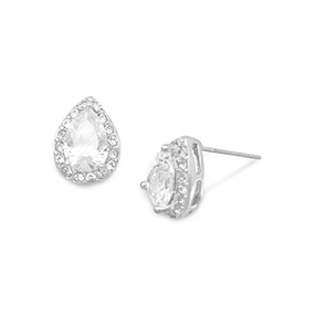 Bright Adornment Crystal Teardrop Halo Stud Post Earrings Silver-tone
