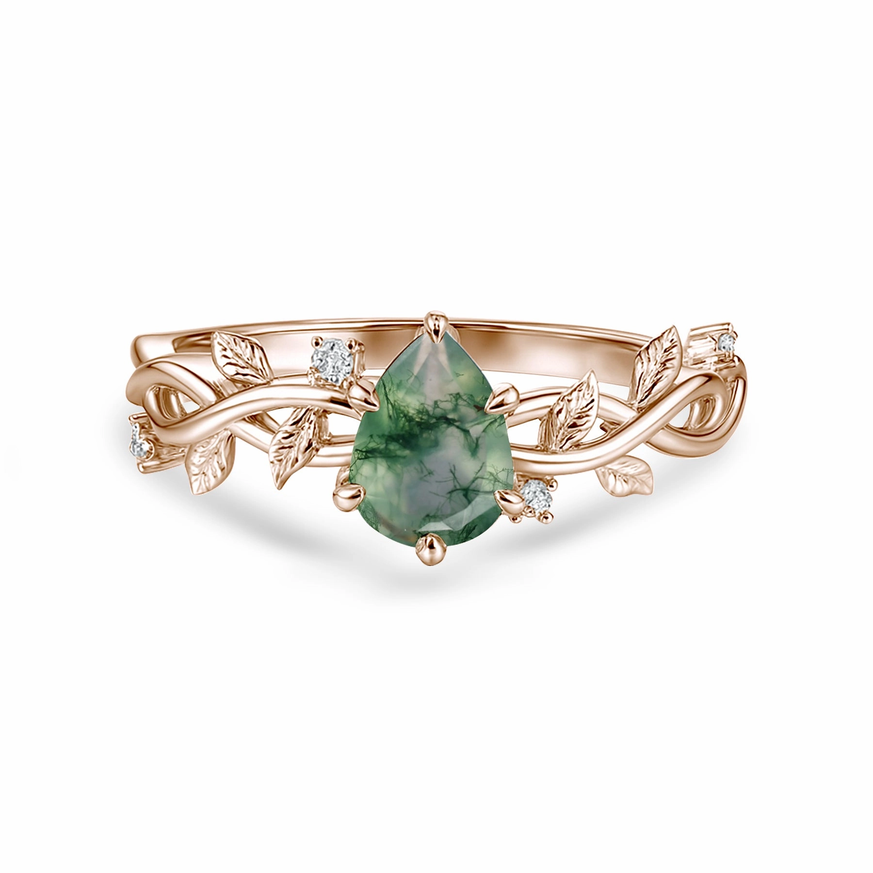 Critic Acclaimed 1.05 Ct Pear Green Moss Agate Vine Leaf Engagement Ring