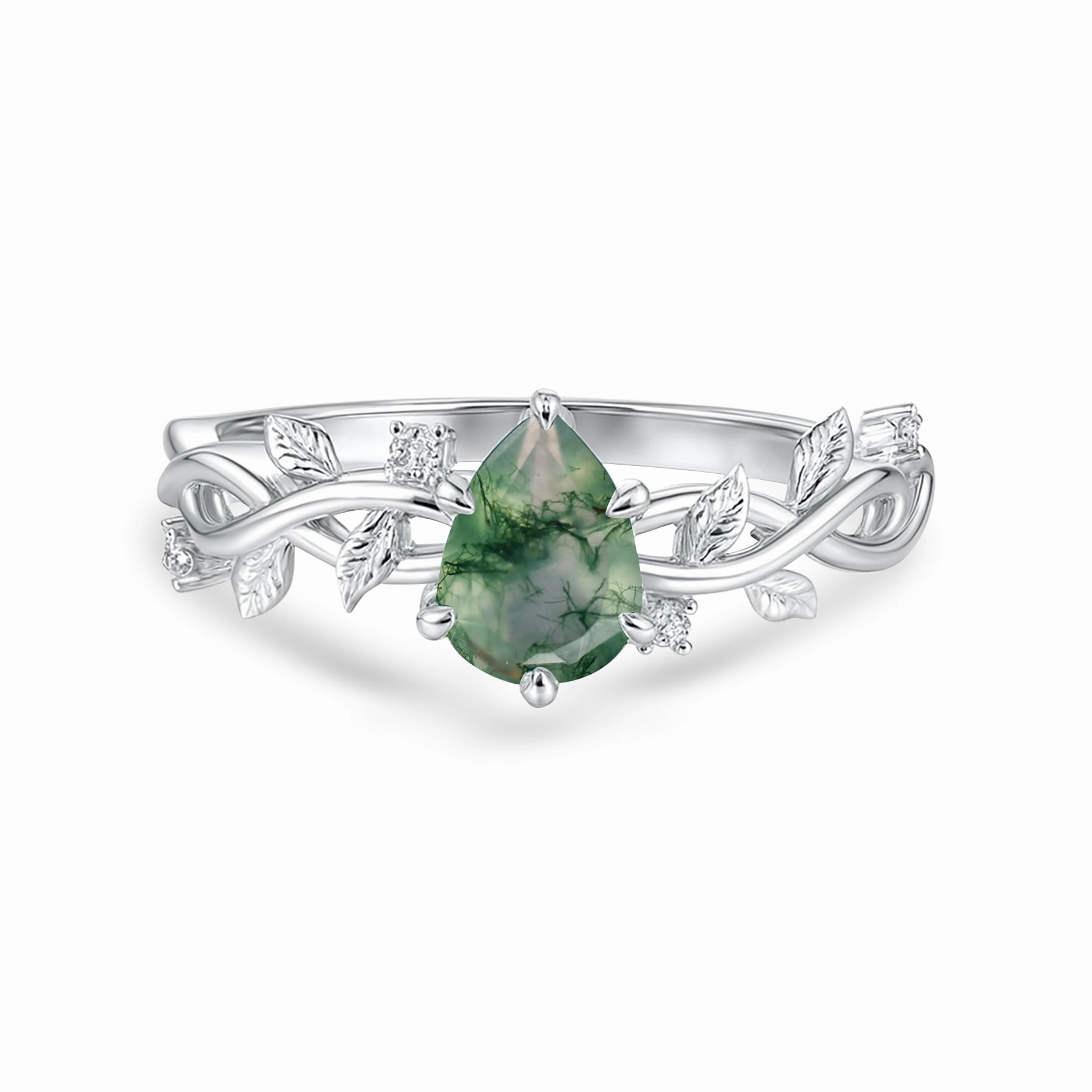 Trendy Object Unique Expression 1.05 Ct Pear Green Moss Agate Vine Leaf Engagement Ring