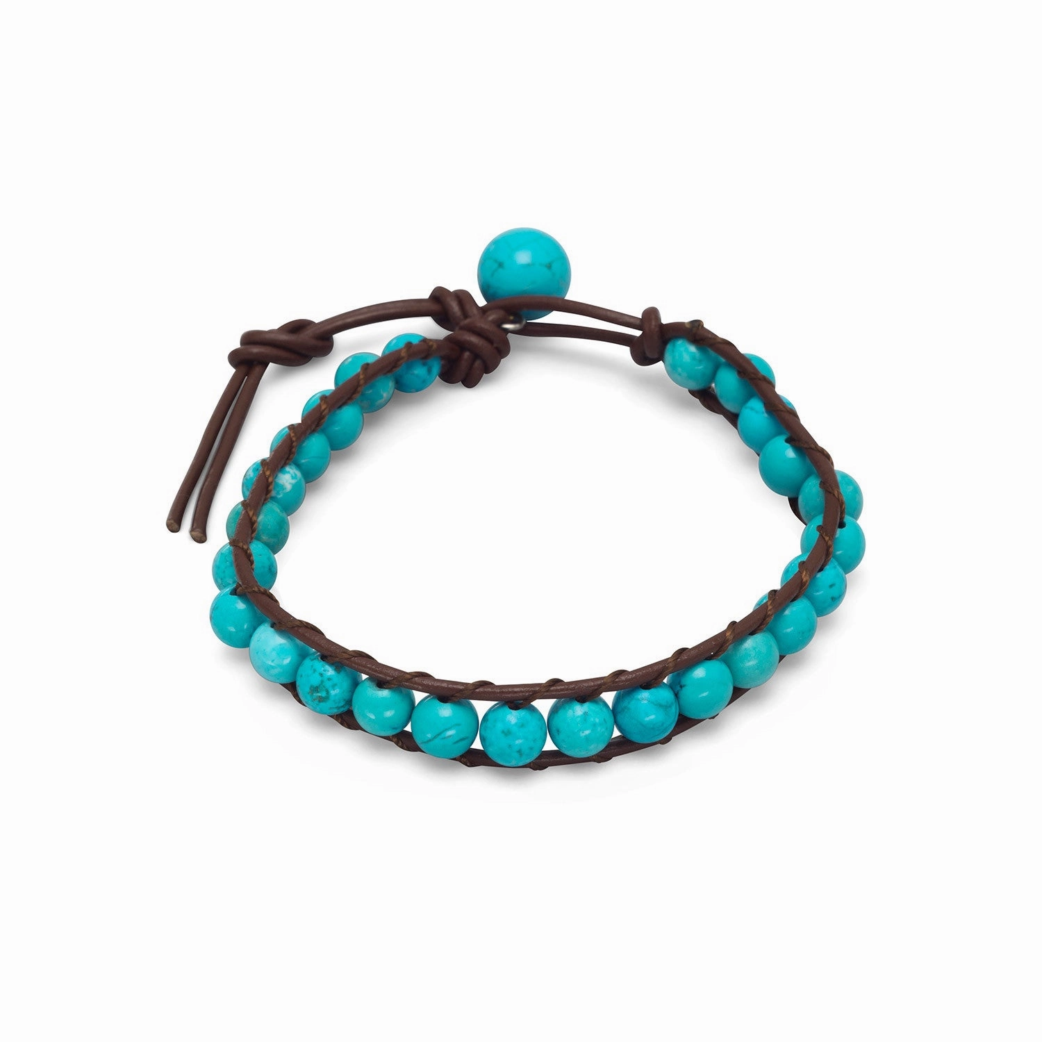 Brown Leather Bracelet with Turquoise-color Magnesite Beads Toggle Closure Worldwide Stock