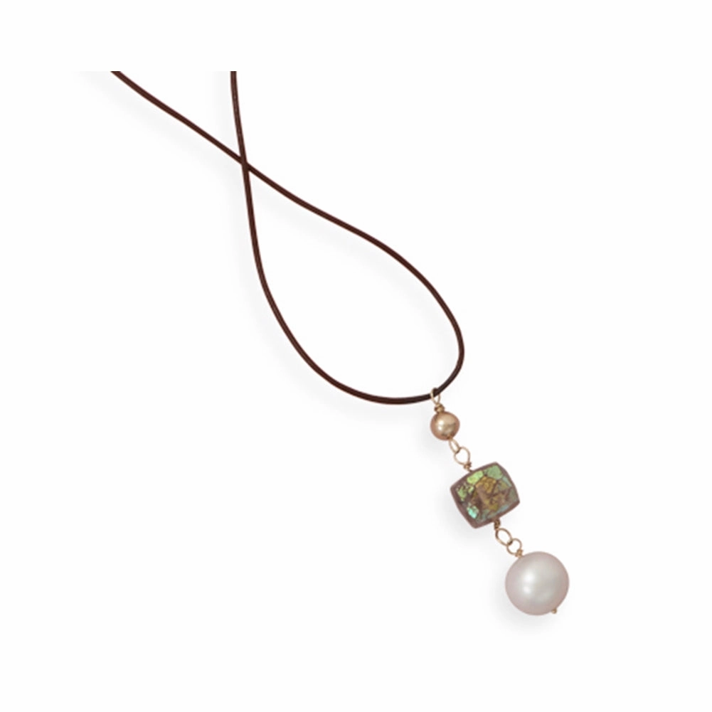 Brown Leather Necklace with 14k Gold, Cultured Pearl, and Quartz Pendant Artistic Detail