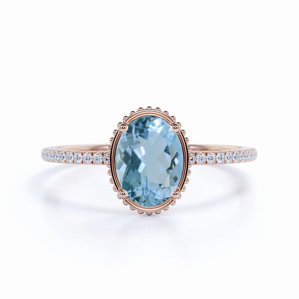 Sparkling Ornament 1.25 ct Oval Aquamarine Antique Engagement Ring
