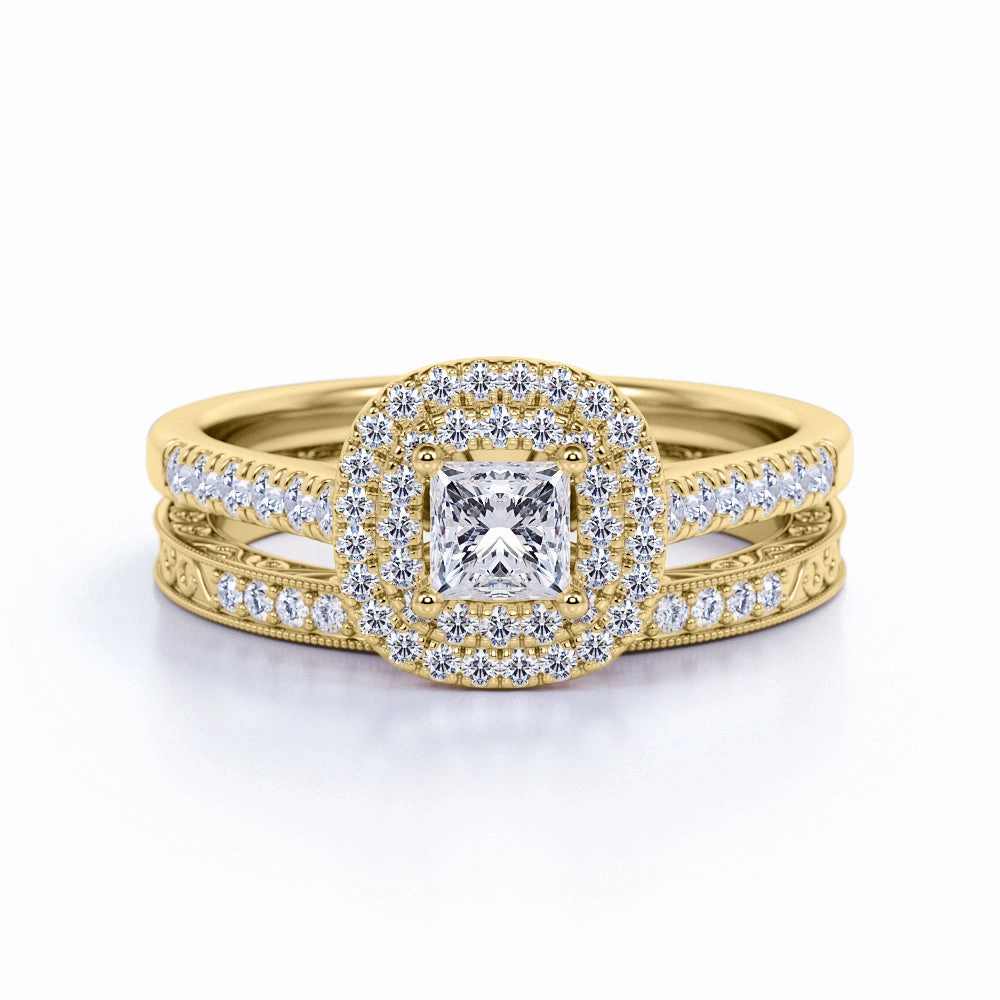 Statement Piece Luxurious design Vintage 1.25 ct - Square Diamond - Double Halo - Cluster Engagement Ring - Bridal Set - 10K Yellow Gold