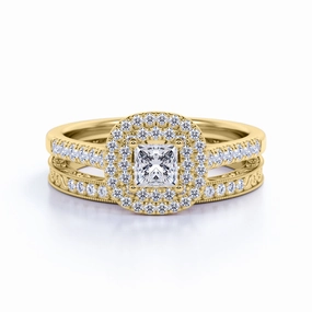 Statement Piece Luxurious design Vintage 1.25 ct - Square Diamond - Double Halo - Cluster Engagement Ring - Bridal Set - 10K Yellow Gold