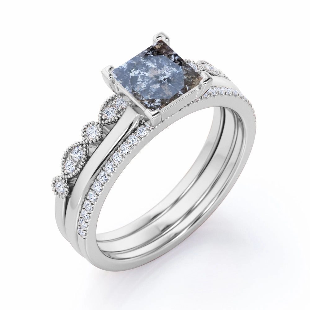 Art Deco 1 Ct Princess Salt and Pepper Diamond Trio Set Economical Object Hypoallergenic Item