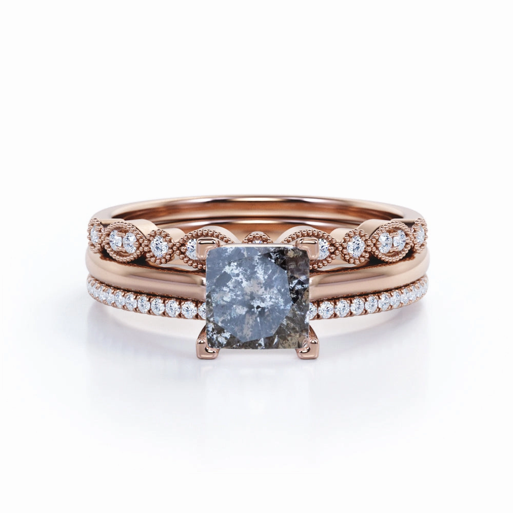 Sturdy Gift Variable Fit Art Deco 1 Ct Princess Salt and Pepper Diamond Trio Set