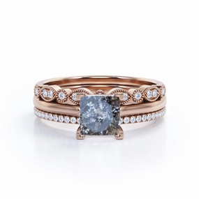 Sturdy Gift Variable Fit Art Deco 1 Ct Princess Salt and Pepper Diamond Trio Set