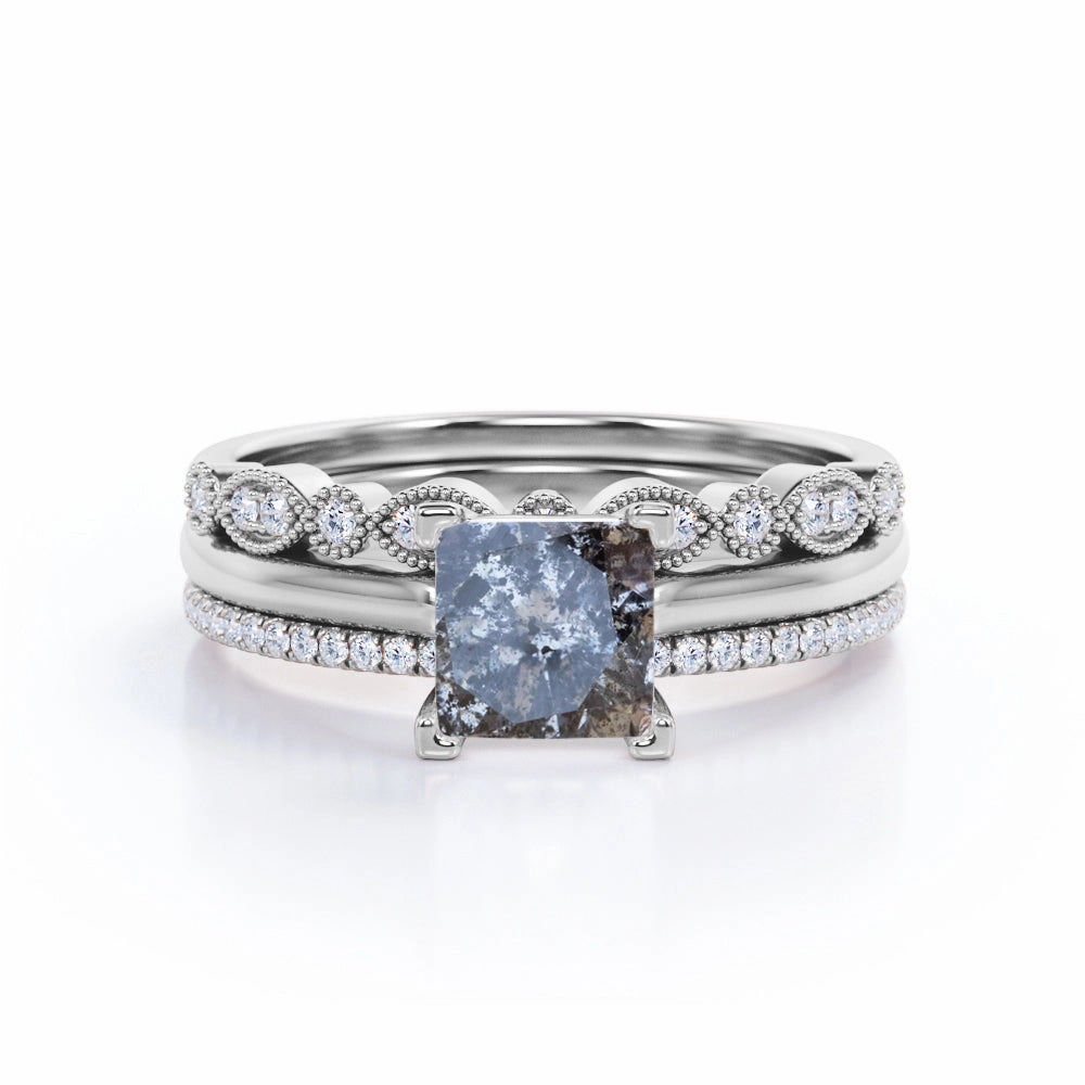 Luxury Keepsake Contemporary Use Art Deco 1 Ct Princess Salt and Pepper Diamond Trio Set