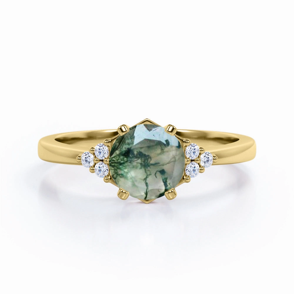 Seven Stone 1 Ct Round Moss Agate Engagement Ring Elegant Appeal