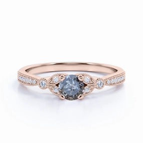 Butterfly 0.65 Ct Round Salt and Pepper Diamond Engagement Ring Soft Movement petite size
